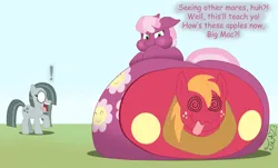 Size: 1280x771 | Tagged: suggestive, artist:tofer18, derpibooru import, big macintosh, cheerilee, marble pie, earth pony, pony, butt, cartoon physics, chubbilee, chubby cheeks, exclamation point, fat, female, flattened, flowerbutt, huge butt, image, impossibly large butt, jealous, jpeg, large butt, male, mare, morbidly obese, obese, piercing, plot, shocked, stallion, swirly eyes, text, tongue piercing