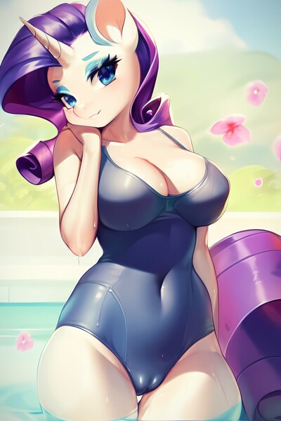 Size: 2048x3072 | Tagged: questionable, derpibooru import, machine learning generated, stable diffusion, rarity, anthro, unicorn, adorasexy, ai content, big breasts, breasts, busty rarity, cameltoe, cleavage, clothes, cute, female, generator:purplesmart.ai, horn, image, jpeg, looking at you, one-piece swimsuit, petals, prompter:bazed, sexy, smiling, solo, solo female, stupid sexy rarity, swimming pool, swimsuit, thighs, thunder thighs, tight clothing, water, wet, wide hips