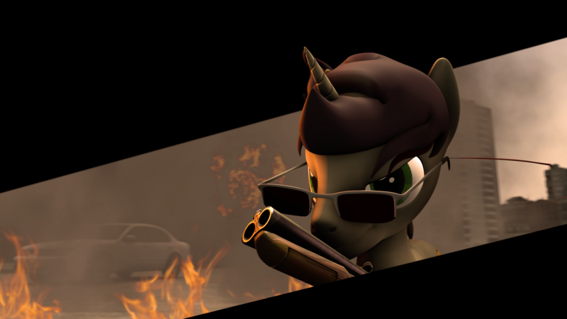 Size: 1920x1080 | Tagged: safe, artist:bronydj, derpibooru import, oc, oc:morozov, unofficial characters only, pony, unicorn, 3d, angry, fire, gun, image, png, shotgun, source filmmaker, weapon