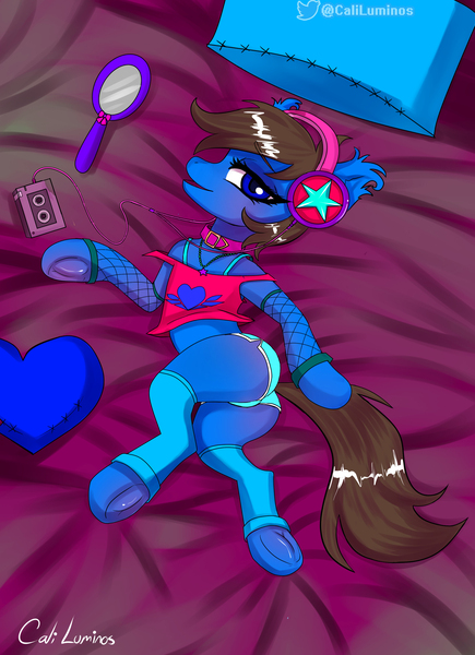Size: 2000x2760 | Tagged: suggestive, artist:cali luminos, derpibooru import, 80s, cable, christmas, christmas stocking, collar, commission, compact cassette, cute, feral, headphones, holiday, image, jpeg, vaporwave, your character here