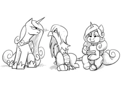 Size: 3500x2500 | Tagged: safe, artist:captainhoers, derpibooru import, princess cadance, princess flurry heart, oc, alicorn, gryphon, pony, canon x oc, female, glare, grayscale, griffon oc, image, jpeg, lesbian, looking at each other, looking at someone, mare, monochrome, narrowed eyes, older, older flurry heart, shipping, simple background, trio, white background