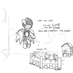 Size: 3000x3000 | Tagged: safe, artist:captainhoers, derpibooru import, oc, oc:zap apple (captainhoers), unofficial characters only, bird, chicken, pegasus, pony, chicken coop, emo, frown, grayscale, grumpy, hair over eyes, i'm not cute, image, jpeg, magical lesbian spawn, male, monochrome, offspring, parent:applejack, parent:rainbow dash, parents:appledash, solo, teenager, trans male, transgender, wavy mouth