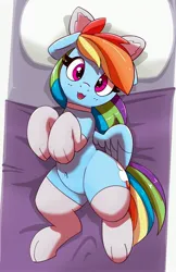 Size: 2135x3291 | Tagged: safe, artist:pabbley, derpibooru import, rainbow dash, pegasus, pony, :3, bed, behaving like a cat, belly button, cat ears, cat socks, cute, dashabetes, image, jpeg, lying down, on back, on bed, solo