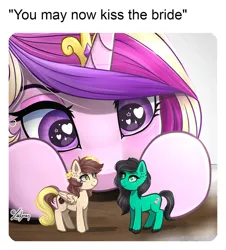 Size: 1024x1134 | Tagged: safe, artist:lailyren, derpibooru import, princess cadance, oc, alicorn, earth pony, pegasus, pony, commission, female, image, jpeg, mare, meme, now kiss, oc x oc, ponified animal photo, ponified meme, shipping, toy, ych result