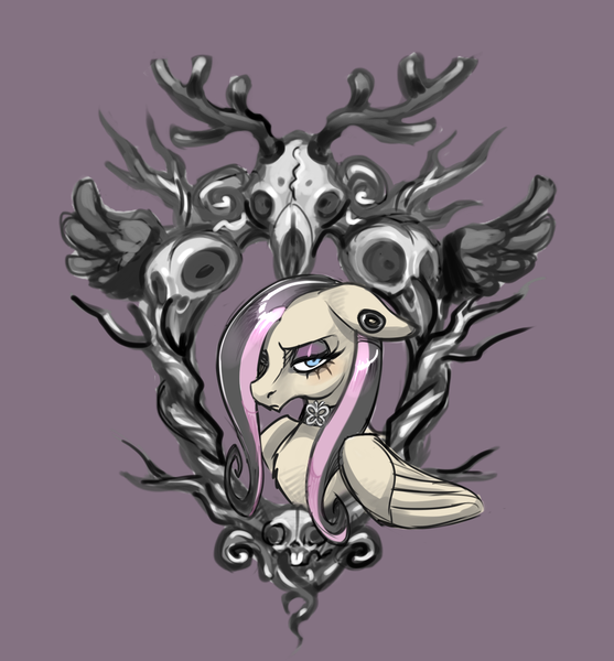 Size: 1000x1077 | Tagged: safe, artist:noupie, derpibooru import, fluttershy, pegasus, pony, antlers, bird skull, branches, deer skull, ear piercing, earring, female, floppy ears, fluttergoth, frown, image, jewelry, lidded eyes, looking at you, mare, piercing, png, purple background, simple background, skull, solo