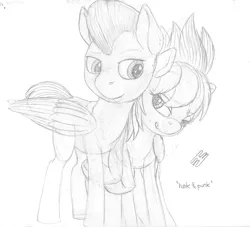 Size: 1404x1275 | Tagged: safe, artist:styroponyworks, derpibooru import, cloudchaser, thunderlane, pegasus, pony, duo, duo male and female, female, folded wings, hug, image, jpeg, lidded eyes, looking at each other, looking at someone, male, mare, raised hoof, sketch, stallion, standing, tongue out, winghug, wings