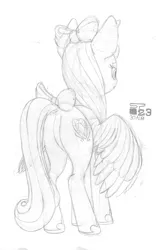 Size: 972x1562 | Tagged: safe, artist:styroponyworks, derpibooru import, princess cadance, alicorn, pony, bow, butt, dock, female, hair bow, hoof shoes, horn, image, jpeg, mare, partially open wings, plot, sketch, solo, standing, tail, tail bow, teen princess cadance, wings