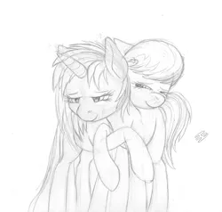 Size: 1070x1020 | Tagged: safe, artist:styroponyworks, derpibooru import, octavia melody, vinyl scratch, earth pony, pony, unicorn, duo, duo female, female, floppy ears, horn, hug, image, jpeg, lesbian, raised hoof, scratchtavia, shipping, sketch, smiling, standing