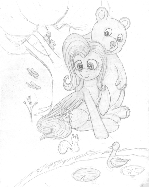 Size: 1224x1535 | Tagged: safe, artist:styroponyworks, derpibooru import, fluttershy, bear, bird, butterfly, duck, insect, pegasus, pony, squirrel, female, folded wings, happy, image, jpeg, mare, outdoors, pond, raised hoof, sitting, sketch, smiling, tree, water, wings