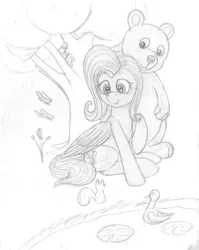 Size: 1224x1535 | Tagged: safe, artist:styroponyworks, derpibooru import, fluttershy, bear, bird, butterfly, duck, insect, pegasus, pony, squirrel, female, folded wings, happy, image, jpeg, mare, outdoors, pond, raised hoof, sitting, sketch, smiling, tree, water, wings