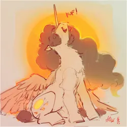 Size: 1694x1692 | Tagged: safe, artist:alumx, derpibooru import, princess celestia, alicorn, pony, chest fluff, cute, cutelestia, female, fluffy, image, jpeg, majestic as fuck, mare, nose in the air, open mouth, open smile, partially open wings, signature, sitting, smiling, solo, sun, wings