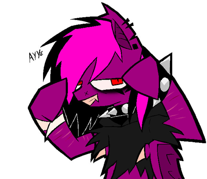 Size: 1202x1040 | Tagged: safe, artist:xxv4mp_g4z3rxx, derpibooru import, oc, oc:violet valium, bat pony, pony, bags under eyes, bracelet, clothes, collar, emo, fangs, hoodie, hospital band, image, png, red eyes, scar, smiling, solo, spiked collar, spiked wristband, two toned mane, wristband