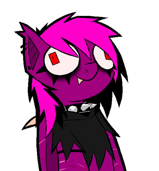 Size: 962x1032 | Tagged: safe, artist:xxv4mp_g4z3rxx, derpibooru import, oc, oc:violet valium, bat pony, pony, bags under eyes, clothes, collar, emo, fangs, hoodie, hospital band, image, png, red eyes, scar, smiling, solo, spiked collar, two toned mane