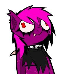 Size: 962x1032 | Tagged: safe, artist:xxv4mp_g4z3rxx, derpibooru import, oc, oc:violet valium, bat pony, pony, bags under eyes, clothes, collar, emo, fangs, hoodie, hospital band, image, png, red eyes, scar, smiling, solo, spiked collar, two toned mane
