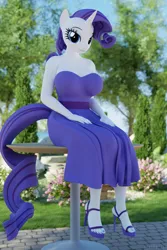 Size: 3840x5760 | Tagged: safe, artist:hunterz263, derpibooru import, rarity, anthro, plantigrade anthro, 3d, 5k, blender, breasts, busty rarity, clothes, dress, feet, flower, high heels, image, looking at you, nexgen, not sfm, outdoors, png, shoes, table, tree