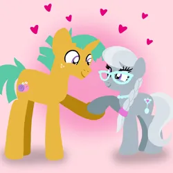Size: 1400x1400 | Tagged: safe, artist:mlplary6, derpibooru import, silver spoon, snails, earth pony, pony, unicorn, boyfriend and girlfriend, female, glasses, heart, image, looking at each other, looking at someone, love, male, mare, older, older silver spoon, older snails, png, shipping, smiling, smiling at each other, snailspoon, stallion, straight