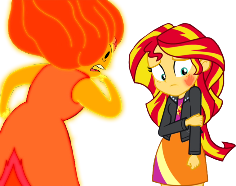 Size: 1364x1075 | Tagged: safe, artist:evilasio, derpibooru import, sunset shimmer, equestria girls, adventure time, angry, calling out, confrontation, crossover, flame princess, image, op is a duck, png, slap, what the hell hero, wtf