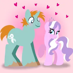 Size: 1400x1400 | Tagged: safe, artist:mlplary6, derpibooru import, diamond tiara, snips, earth pony, pony, unicorn, blushing, boyfriend and girlfriend, diamondsnips, female, heart, image, jewelry, looking at each other, looking at someone, love, male, mare, older, older diamond tiara, older snips, png, shipping, smiling, smiling at each other, stallion, straight, tiara