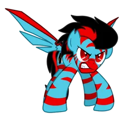 Size: 540x527 | Tagged: safe, artist:yamston, derpibooru import, oc, oc:lance greenfield, unofficial characters only, zebra, zebrasus, fanfic:living the dream, 2023, angry, donut steel, fanfic art, frown, gritted teeth, image, png, red and black mane, red eyes, red stripes, show accurate, simple background, slit pupils, solo, teeth, torn ear, transparent background, two toned mane, wings, zebra oc