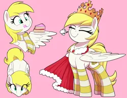 Size: 2600x2000 | Tagged: safe, artist:thebatfang, ponerpics import, oc, oc:sweet cream, pegasus, pony, cake, cape, clothes, compilation, crown, eating, eyes closed, food, food on face, image, jewelry, looking at you, looking up, looking up at you, overhead view, png, regalia, simple background, smug, snorting, solo, wing hold