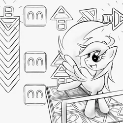 Size: 650x650 | Tagged: safe, artist:dshou, derpibooru import, derpy hooves, pegasus, pony, dance dance revolution, dancing, female, grayscale, image, jpeg, mare, monochrome, open mouth, open smile, smiling, solo, spread wings, wings
