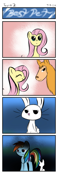 Size: 1000x3050 | Tagged: safe, artist:dshou, derpibooru import, angel bunny, fluttershy, rainbow dash, llama, pony, rabbit, 4 panel comic, 4koma, animal, comic, female, image, jpeg, mare, textless, unamused