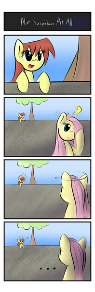 Size: 1000x3050 | Tagged: safe, artist:dshou, derpibooru import, fluttershy, oc, oc:shooting star, pony, ..., 4 panel comic, 4koma, comic, disguise, female, image, jpeg, mare, spying, textless, tree, wall