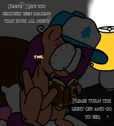 Size: 3023x3351 | Tagged: safe, artist:professorventurer, derpibooru import, sunny starscout, earth pony, pony, series:ask pippamena, g5, bed, bloodshot eyes, book, dipper's hat, female, gravity falls, hat, image, implied pipp petals, journal #3, lamp, mare, messy mane, pillow, png, reading, tongue out