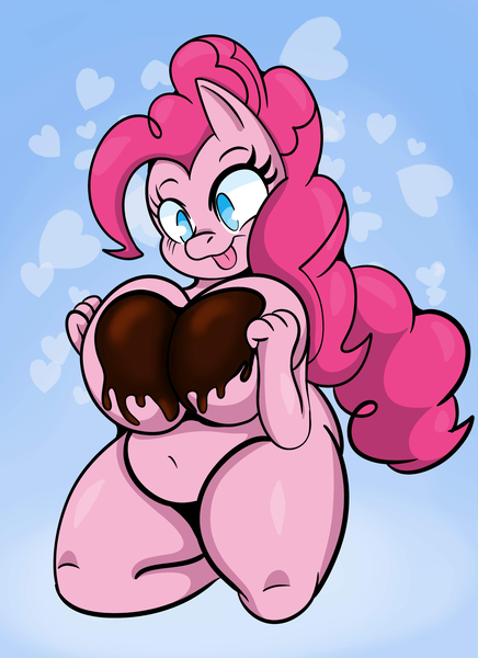 Size: 2975x4096 | Tagged: suggestive, artist:someth1ngoranother, derpibooru import, pinkie pie, anthro, earth pony, pony, belly button, big breasts, breast squish, breasts, busty pinkie pie, chocolate, chubby, female, food, foodplay, g4, heart, heart background, image, kneeling, mare, nudity, png, solo, solo female, tongue out