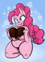 Size: 2975x4096 | Tagged: suggestive, artist:someth1ngoranother, derpibooru import, pinkie pie, anthro, earth pony, pony, belly button, big breasts, breast squish, breasts, busty pinkie pie, chocolate, chubby, female, food, foodplay, g4, heart, heart background, image, kneeling, mare, nudity, png, solo, solo female, tongue out