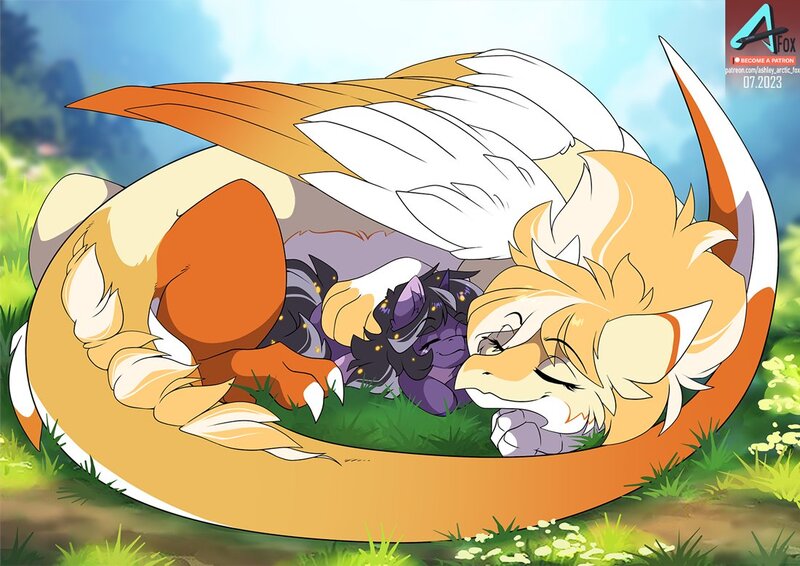 Size: 1100x778 | Tagged: safe, artist:arctic-fox, derpibooru import, oc, oc:orange cream, oc:rivibaes, unofficial characters only, draconequus, pony, unicorn, cuddling, draconequus oc, duo, eyes closed, female, horn, image, jpeg, mother and child, mother and daughter, sleeping, unicorn oc