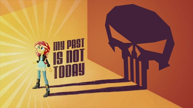 Size: 1024x576 | Tagged: safe, derpibooru import, edit, edited screencap, screencap, sunset shimmer, human, equestria girls, my past is not today, female, image, jpeg, marvel, punisher, shadow, solo, title card