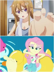 Size: 1500x1999 | Tagged: suggestive, derpibooru import, edit, edited screencap, screencap, fluttershy, equestria girls, equestria girls series, i'm on a yacht, spoiler:eqg series (season 2), anime, barefoot, clothes, comparison, eyeshadow, feet, fetish, flutterfeet, foot fetish, foot focus, image, jpeg, kaede sajou, lidded eyes, makeup, pool toy, shorts, soles, solo, swimming pool, the dreaming boy is a realist, wiggling toes
