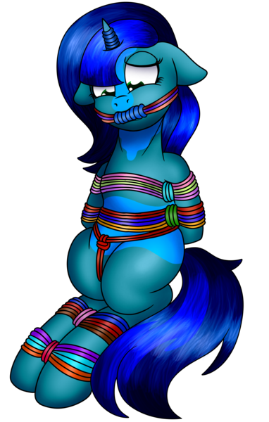 Size: 1400x2200 | Tagged: suggestive, artist:nazreen115, derpibooru import, oc, oc:amberlue, unofficial characters only, unicorn, bondage, crotch rope, distressed, image, png, yarn, yarn bondage, yarn gag