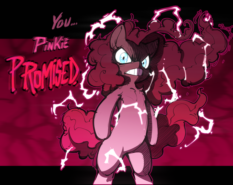 Size: 1803x1431 | Tagged: safe, artist:mickeymonster, derpibooru import, pinkie pie, earth pony, pony, abstract background, angry, bipedal, chest fluff, female, gritted teeth, hotblooded pinkie pie, image, lightning, looking at you, mare, png, solo, talking to viewer, teeth, you pinkie promised