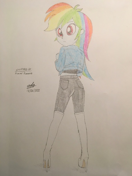Size: 3024x4032 | Tagged: safe, artist:gibsterboy5, derpibooru import, rainbow dash, human, equestria girls, boots, clothes, denim, denim jacket, female, high heel boots, high heels, high res, image, jacket, jpeg, knee-high boots, leather, leather boots, leather pants, looking at each other, looking at someone, pants, shoes, signature, simple background, solo, spread legs, spreading, standing, thigh boots, traditional art, white background