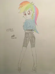 Size: 3024x4032 | Tagged: safe, artist:gibsterboy5, derpibooru import, rainbow dash, human, equestria girls, boots, clothes, denim, denim jacket, female, high heel boots, high heels, high res, image, jacket, jpeg, knee-high boots, leather, leather boots, leather pants, looking at each other, looking at someone, pants, shoes, signature, simple background, solo, spread legs, spreading, standing, thigh boots, traditional art, white background