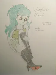 Size: 3024x4032 | Tagged: safe, artist:gibsterboy5, derpibooru import, wallflower blush, human, equestria girls, bare shoulders, boots, clothes, female, hand on hip, high heel boots, high heels, high res, image, jpeg, leather, leather boots, looking down, raised leg, shoes, signature, simple background, sitting, skirt, sleeveless, solo, traditional art, white background