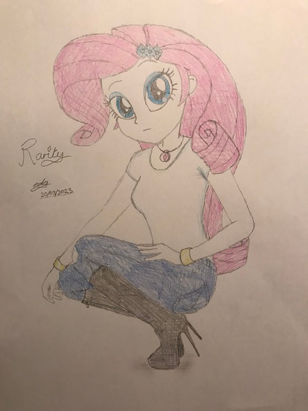 Size: 1536x2048 | Tagged: safe, artist:gibsterboy5, derpibooru import, rarity, human, equestria girls, alternate hair color, blue eyes, boots, bracelet, clothes, denim, eyeshadow, female, geode of shielding, hairpin, hand on leg, hand on thigh, high heel boots, high heels, image, jeans, jewelry, jpeg, looking at you, magical geodes, makeup, necklace, pants, shirt, shoes, signature, simple background, sitting, solo, traditional art, white background, white shirt, wristband, wrong hair color