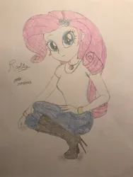 Size: 1536x2048 | Tagged: safe, artist:gibsterboy5, derpibooru import, rarity, human, equestria girls, alternate hair color, blue eyes, boots, bracelet, clothes, denim, eyeshadow, female, geode of shielding, hairpin, hand on leg, hand on thigh, high heel boots, high heels, image, jeans, jewelry, jpeg, looking at you, magical geodes, makeup, necklace, pants, shirt, shoes, signature, simple background, sitting, solo, traditional art, white background, white shirt, wristband, wrong hair color