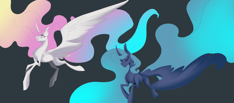 Size: 7448x3300 | Tagged: safe, artist:anekomori, derpibooru import, princess celestia, princess luna, alicorn, pony, absurd resolution, colored, concave belly, curved horn, duo, eyelashes, eyes closed, female, flying, gradient mane, gradient tail, horn, image, impossibly long mane, impossibly long tail, large wings, long horn, long mane, looking forward, mare, png, quadrupedal, royal sisters, shading, siblings, simple background, sisters, sketch, slim, tail, thin, wings