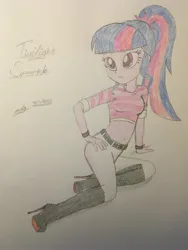 Size: 3024x4032 | Tagged: safe, artist:gibsterboy5, derpibooru import, twilight sparkle, human, equestria girls, belly button, belt, boots, clothes, female, hand on hip, high heel boots, high heels, high res, image, jpeg, leather, leather boots, looking at each other, looking at someone, midriff, pants, ponytail, scrunchie, shirt, shoes, signature, simple background, sitting, solo, striped shirt, stripes, traditional art, white background, white pants, wristband