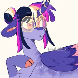 Size: 894x894 | Tagged: safe, artist:artistcoolpony, twilight sparkle, twilight sparkle (alicorn), alicorn, pony, alternate design, cloven hooves, coat markings, colored ears, colored hooves, colored wings, confused, curved horn, female, folded wings, glasses, hair bun, horn, image, jpeg, mare, multicolored wings, simple background, socks (coat marking), solo, twitterina design, white background, wings