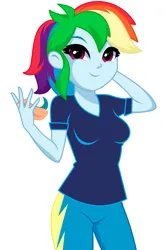 Size: 859x1283 | Tagged: safe, artist:rosemile mulberry, derpibooru import, rainbow dash, human, equestria girls, arm behind head, clothes, cute, dashabetes, female, image, jewelry, looking at you, png, ring, shirt, simple background, solo, t-shirt, uniform, updated design, white background, wonderbolts uniform