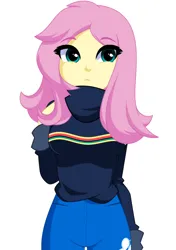 Size: 820x1165 | Tagged: safe, artist:rosemile mulberry, derpibooru import, fluttershy, human, equestria girls, breasts, busty fluttershy, butterfly hairpin, clothes, cute, female, image, looking at you, png, shyabetes, solo, sweater, sweatershy, updated design
