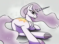 Size: 3200x2419 | Tagged: safe, artist:wolftendragon, derpibooru import, princess celestia, alicorn, princess molestia, bedroom eyes, butt, featureless crotch, image, jpeg, long mane, long tail, looking at you, looking back, lying down, plot, sparkles, tail, tongue out, underhoof