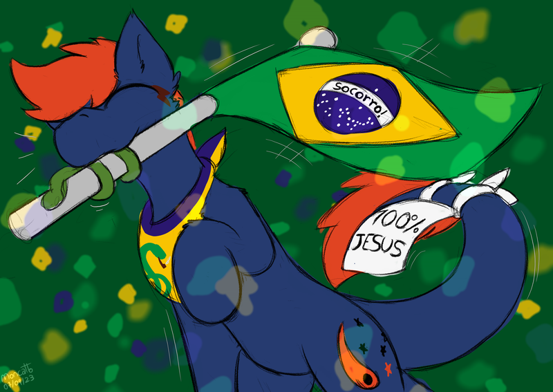 Size: 2893x2049 | Tagged: safe, artist:monycaalot, derpibooru import, oc, oc:fizark catto, monster pony, original species, pony, tatzlpony, 100% jesus, ^^, bandana, brazil, colored sketch, eyes closed, flag, happy, image, independence day, male, png, simple background, sketch, tentacle tongue, tentacles