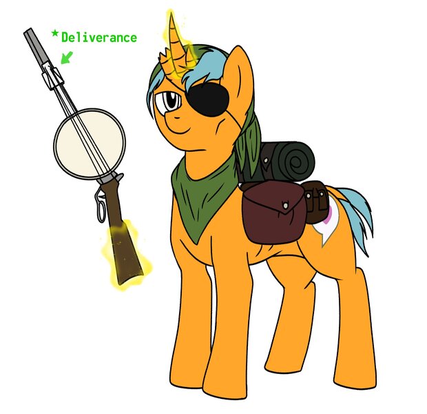Size: 2040x1974 | Tagged: safe, derpibooru import, oc, oc:penny, unofficial characters only, unicorn, fallout equestria, backpack, bandana, banjo, deformed, deformed horn, eyepatch, fallout, gun, horn, image, jpeg, musical instrument, special weapon, text, travelling, weapon