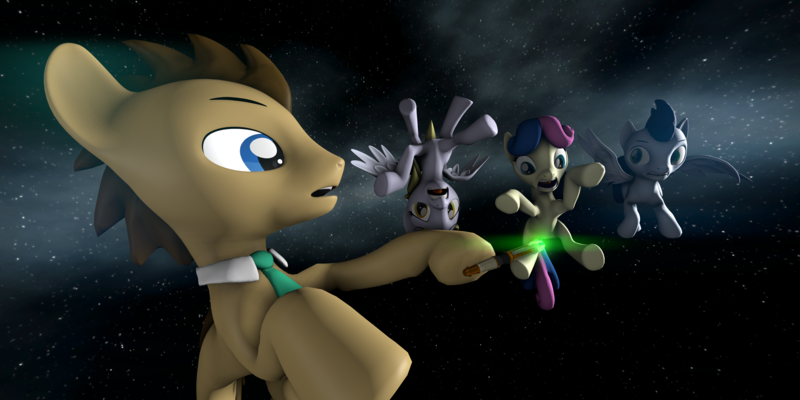 Size: 3840x1920 | Tagged: safe, artist:darkad8000, derpibooru import, bon bon, derpy hooves, doctor whooves, soarin', sweetie drops, time turner, earth pony, pegasus, pony, 3d, 4k, absurd resolution, doctor who, high res, image, lens flare, png, reference, reference to another series, scared, screaming, screwdriver, sonic screwdriver, source filmmaker, space, spread legs, spread wings, spreading, wings, zero gravity