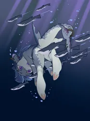 Size: 2048x2732 | Tagged: safe, artist:blue ink, derpibooru import, oc, oc:peter von piper, unofficial characters only, fish, merpony, original species, pony, shark, shark pony, blue mane, bubble, crepuscular rays, digital art, dorsal fin, fangs, fin, fins, fish tail, high res, image, male, ocean, open mouth, png, purple eyes, shark pony oc, solo, stallion, sunlight, swimming, tail, teeth, underwater, water